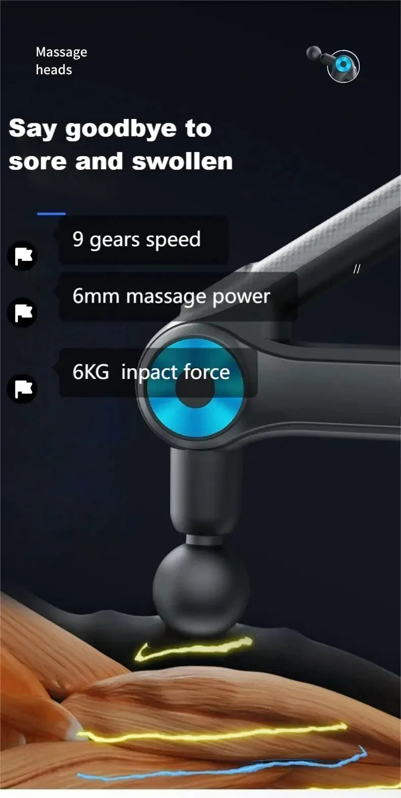 9 Köpfe, 9 Gänge, professionelle Gesamt-Fitness-Massagepistole, kleines goldenes Dreieck, lange Standby-Massagepistole