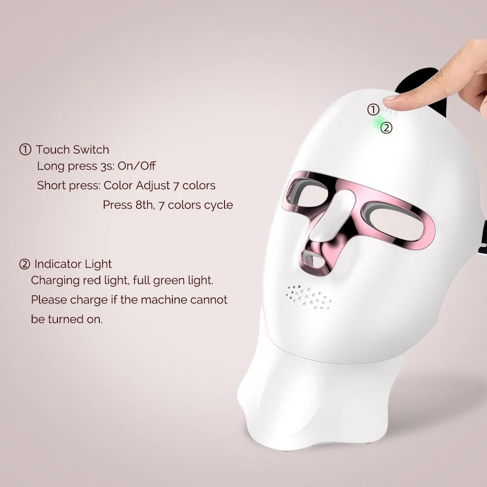 LED-Maske für Gesicht und Hals, 7 Farben, Photon-Haut, Schönheit, rotes Licht, Gesichtsmaske, Hautverjüngung, kabellose wiederaufladbare Licht-Gesichtsmaske