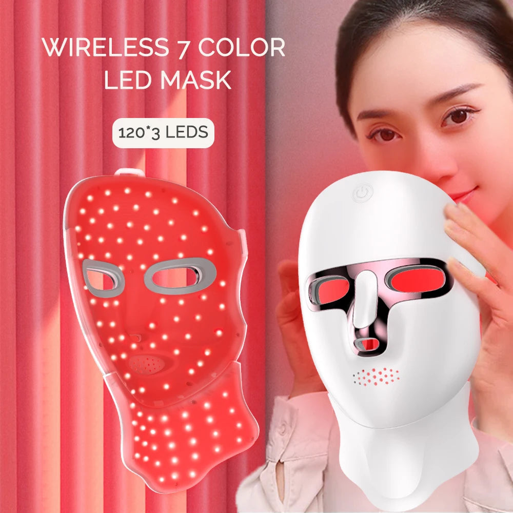 LED-Maske für Gesicht und Hals, 7 Farben, Photon-Haut, Schönheit, rotes Licht, Gesichtsmaske, Hautverjüngung, kabellose wiederaufladbare Licht-Gesichtsmaske