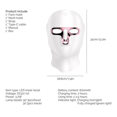 LED-Maske für Gesicht und Hals, 7 Farben, Photon-Haut, Schönheit, rotes Licht, Gesichtsmaske, Hautverjüngung, kabellose wiederaufladbare Licht-Gesichtsmaske