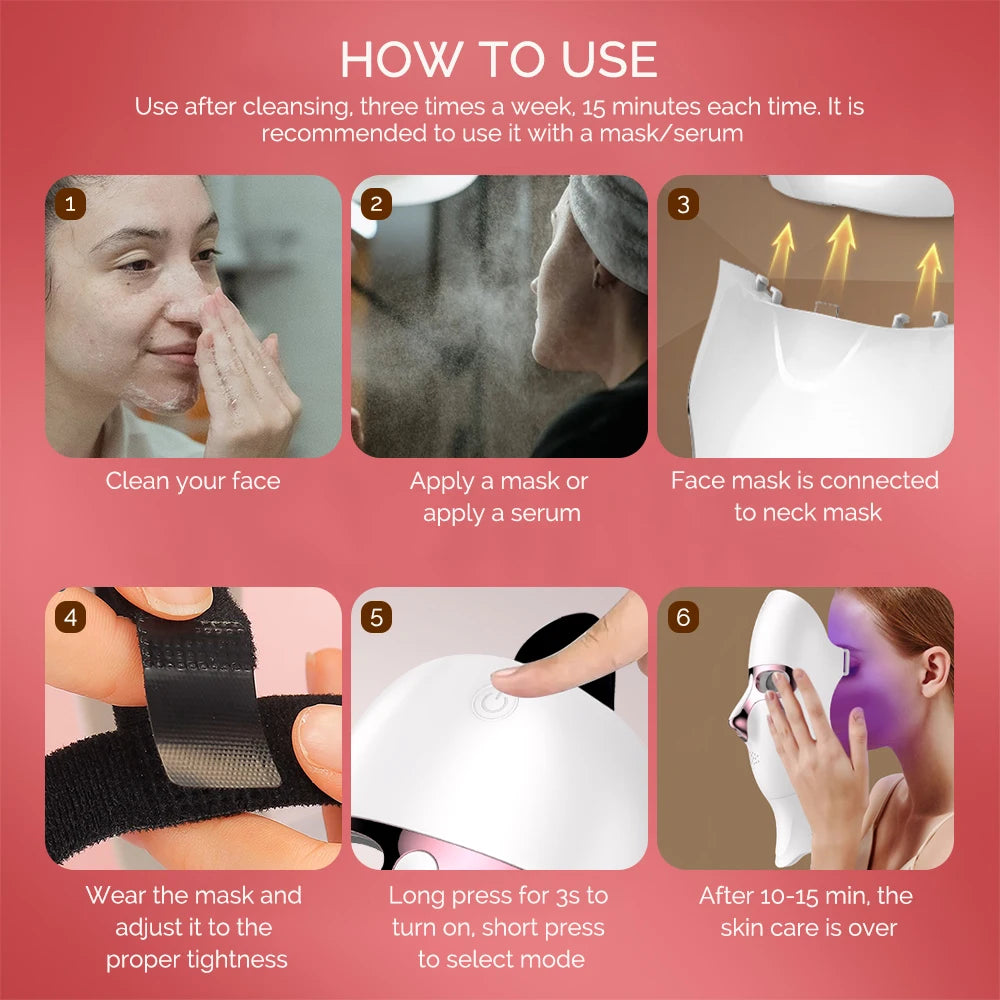LED-Maske für Gesicht und Hals, 7 Farben, Photon-Haut, Schönheit, rotes Licht, Gesichtsmaske, Hautverjüngung, kabellose wiederaufladbare Licht-Gesichtsmaske